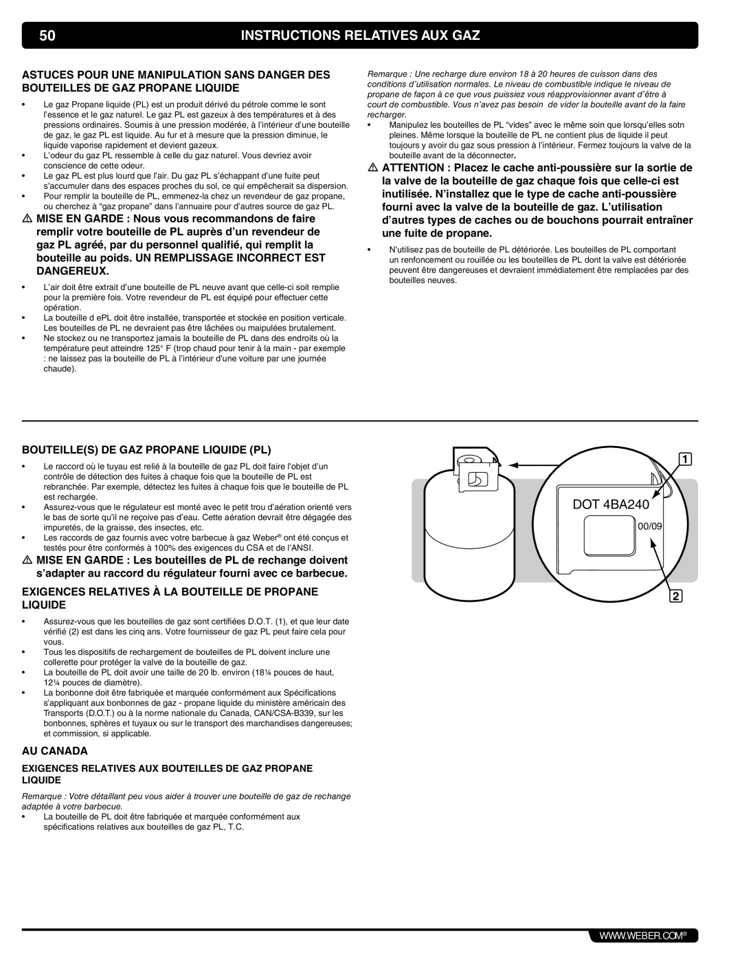 Weber 56069 manual Instructions Relatives AUX GAZ, Bouteilles DE GAZ Propane Liquide PL, AU Canada 