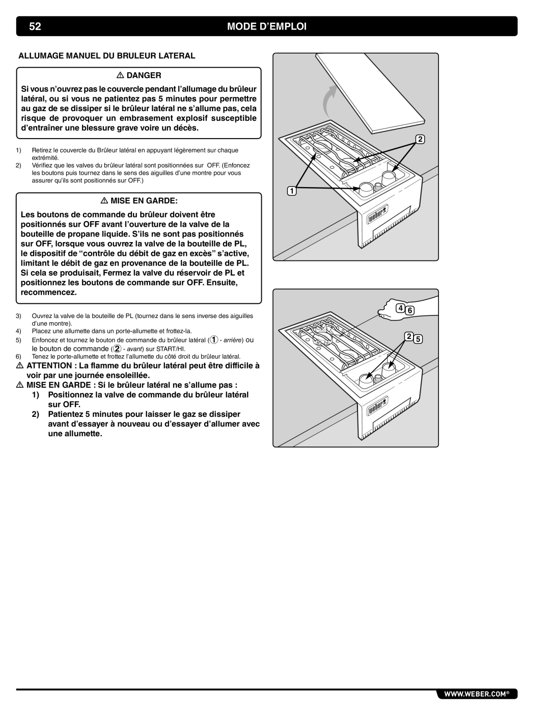Weber 56069 manual Mode D’EMPLOI, Allumage Manuel DU Bruleur Lateral 