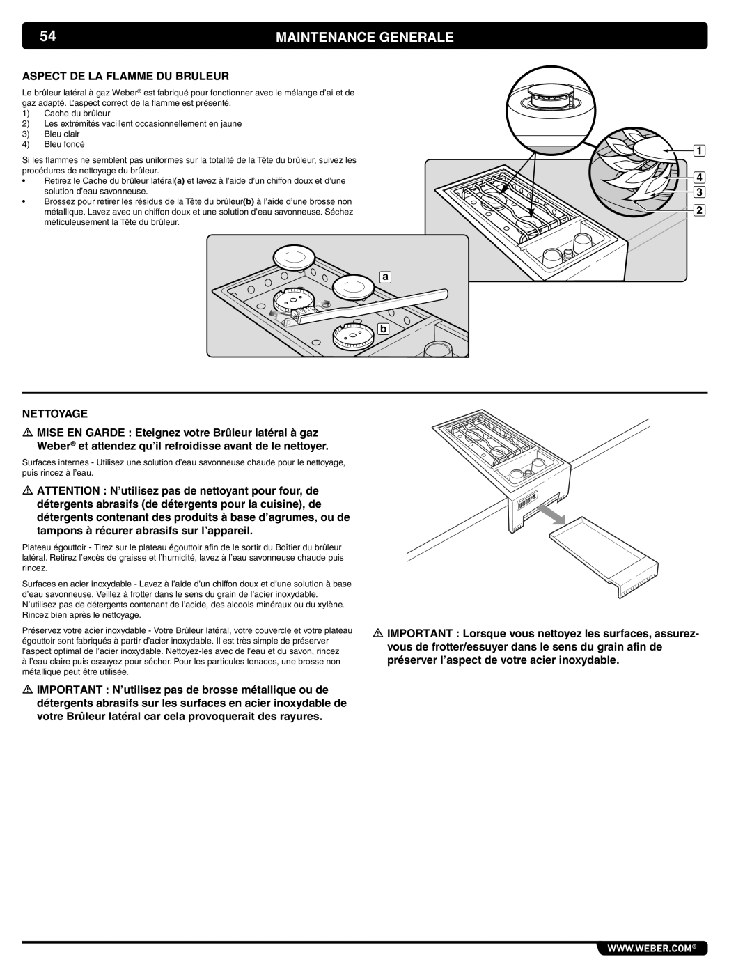 Weber 56069 manual Maintenance Generale, Aspect DE LA Flamme DU Bruleur, Nettoyage 