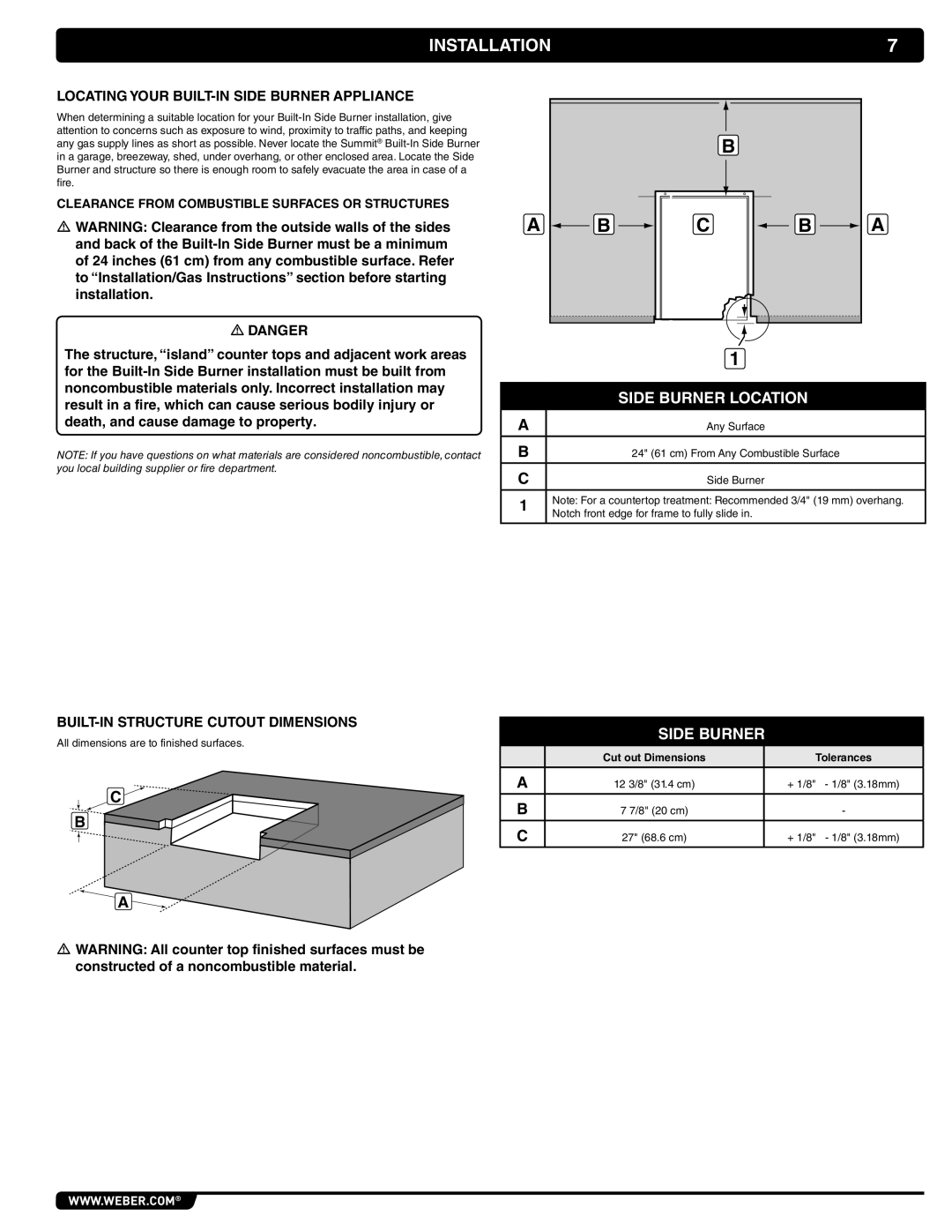 Weber 56069 manual Installation, Locating Your BUILT-IN Side Burner Appliance, BUILT-IN Structure Cutout Dimensions 