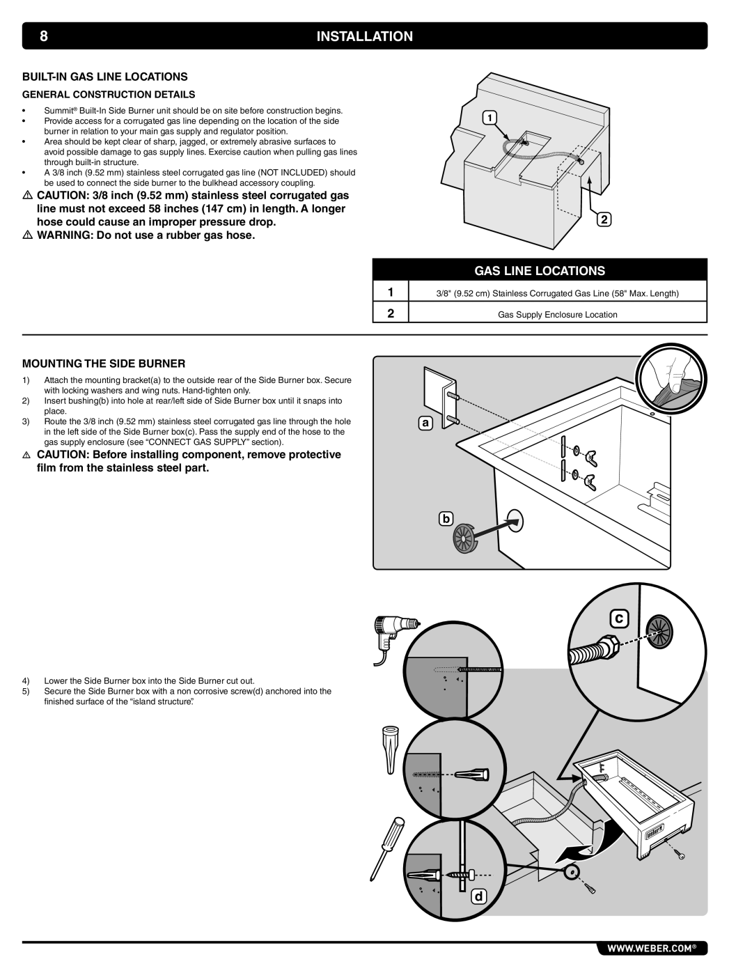 Weber 56069 manual BUILT-IN GAS Line Locations, Mounting the Side Burner, General Construction Details 