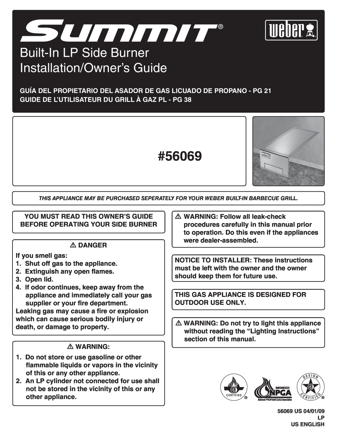 Weber manual #56069, Built-In LP Side Burner Installation/Owner’s Guide 