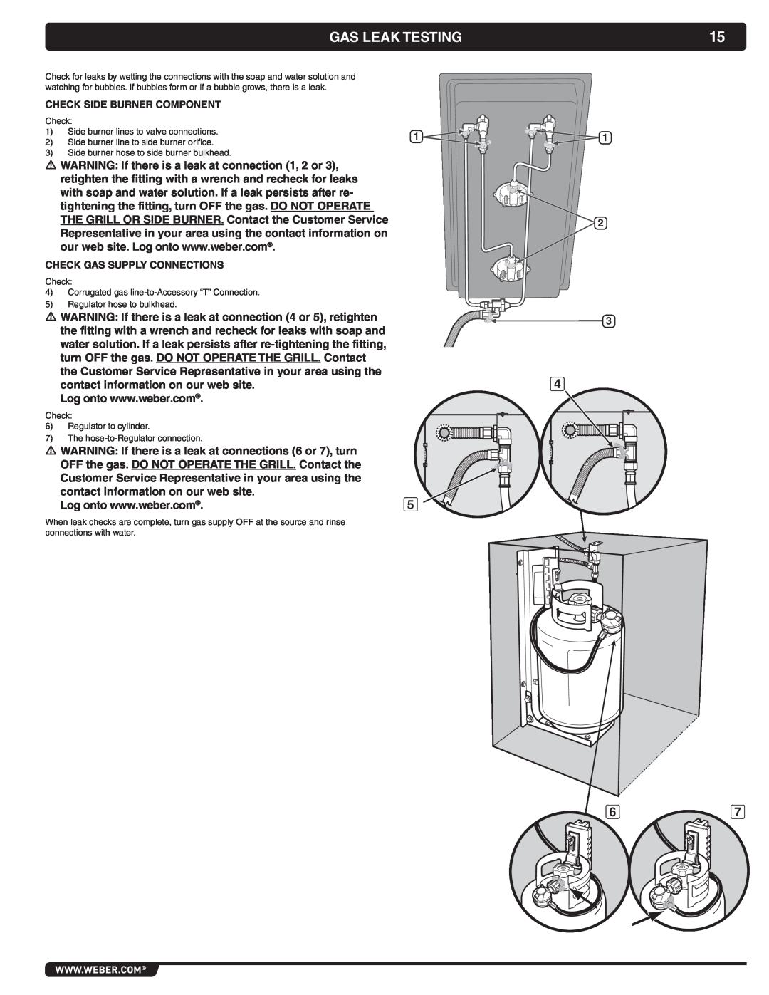 Weber 56069 manual Gas Leak Testing, Check Side Burner Component, Check Gas Supply Connections 