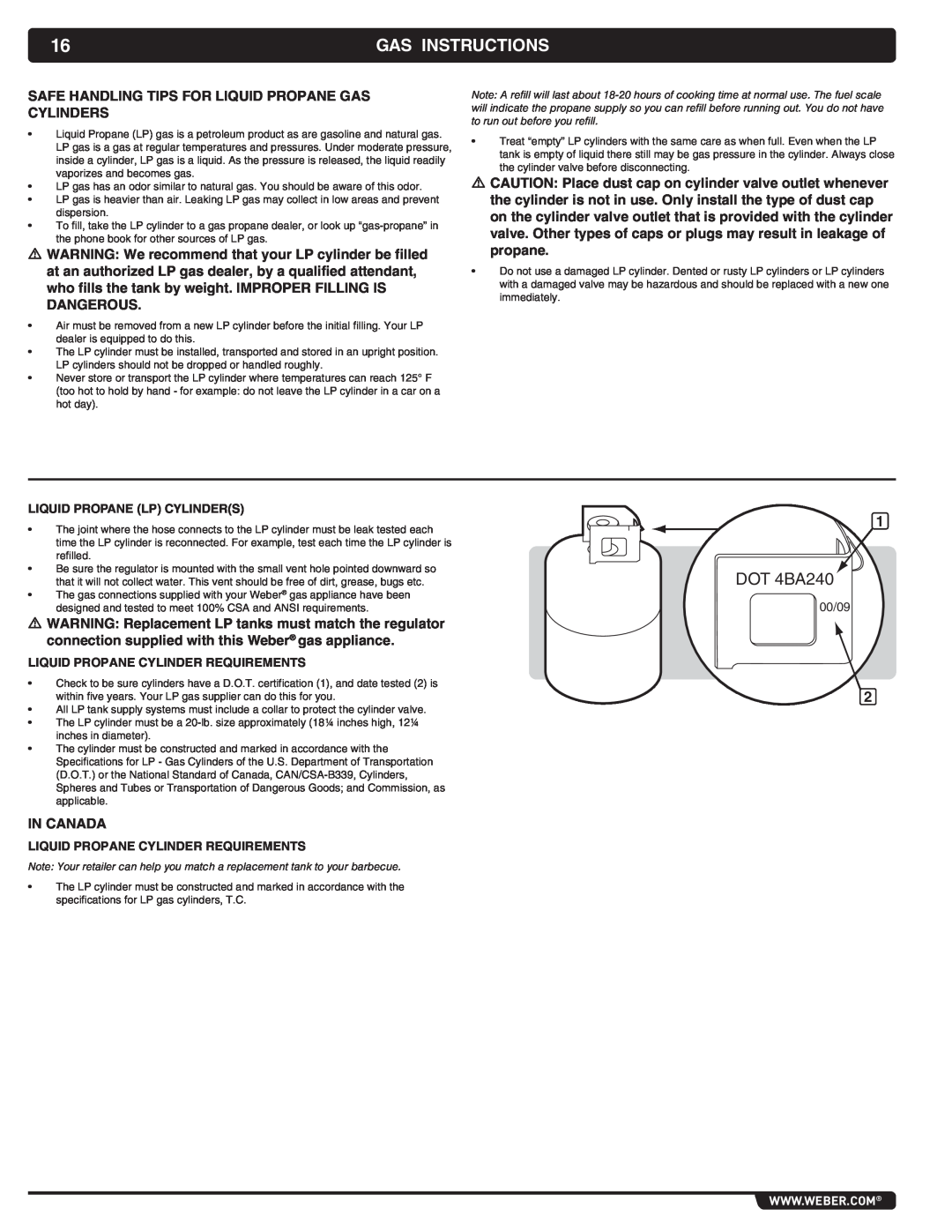 Weber 56069 manual Gas Instructions, DOT 4BA240 