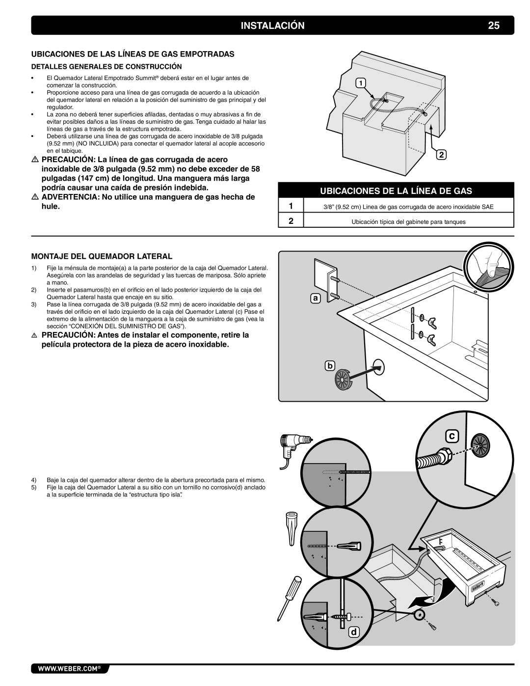 Weber 56069 manual Instalación, Ubicaciones De La Línea De Gas, Ubicaciones De Las Líneas De Gas Empotradas 