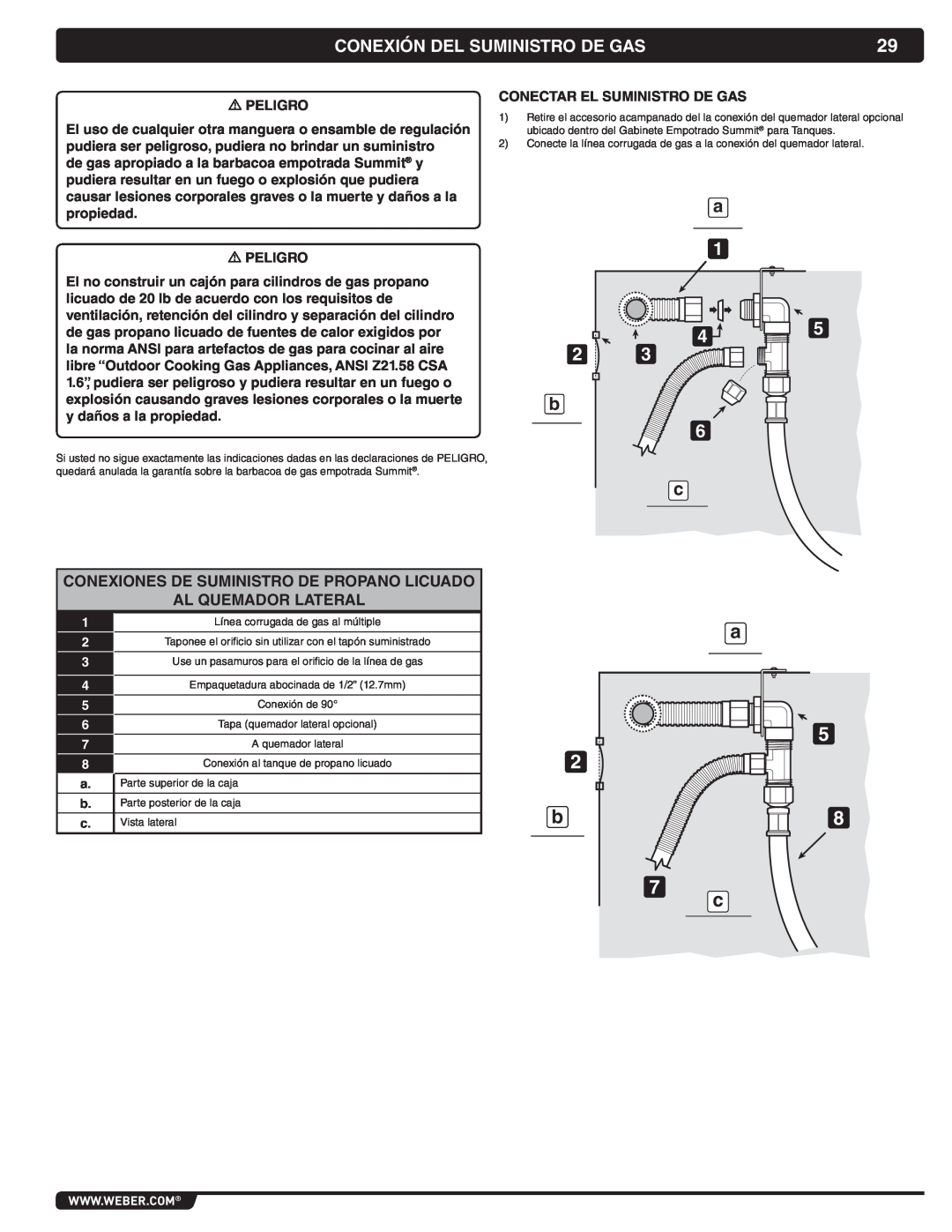 Weber 56069 manual Conexión Del Suministro De Gas, Conexiones De Suministro De Propano Licuado Al Quemador Lateral 