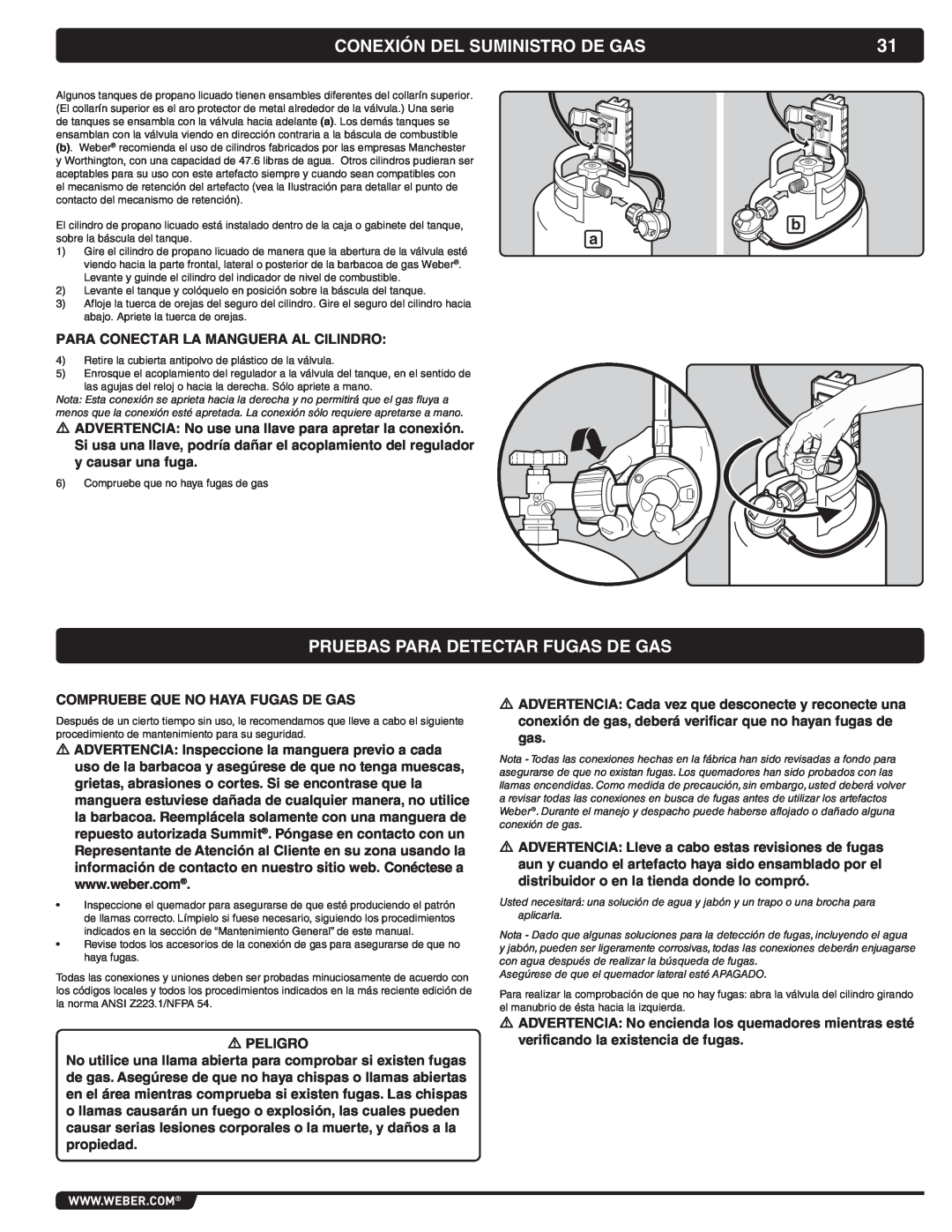 Weber 56069 manual Conexión Del Suministro De Gas, Pruebas Para Detectar Fugas De Gas 