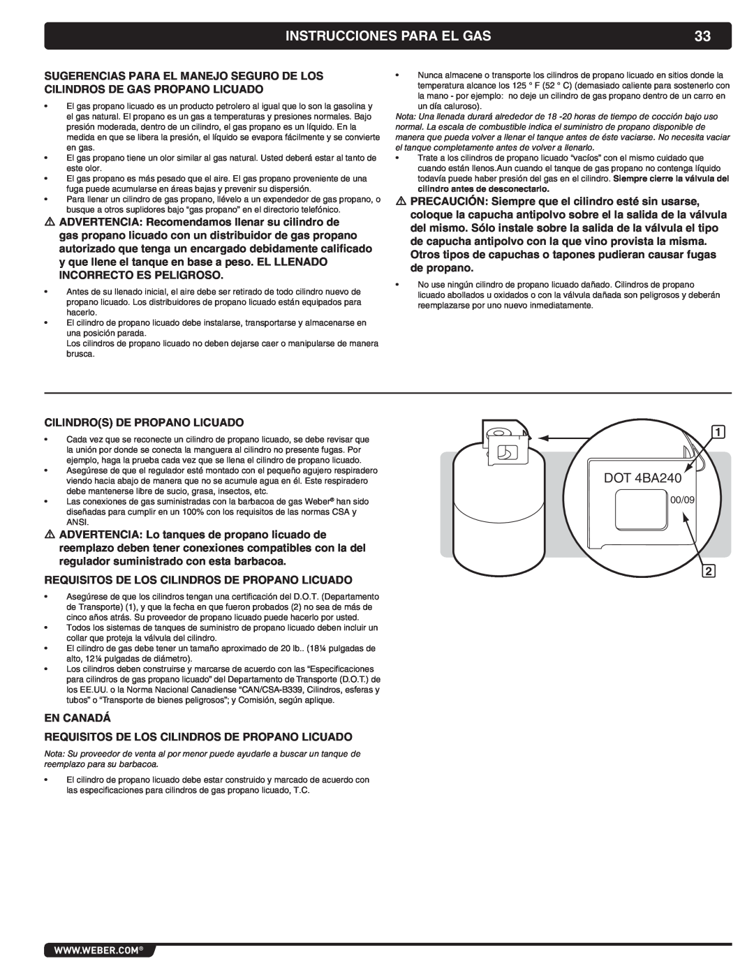Weber 56069 manual Instrucciones Para El Gas, DOT 4BA240 