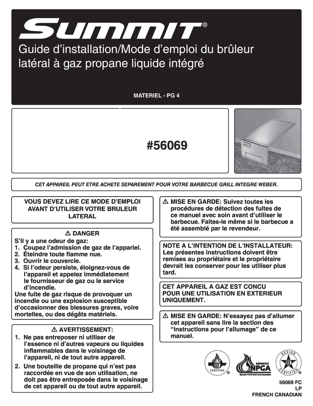 Weber manual 42376, #56069, DANGER S’il y a une odeur de gaz 
