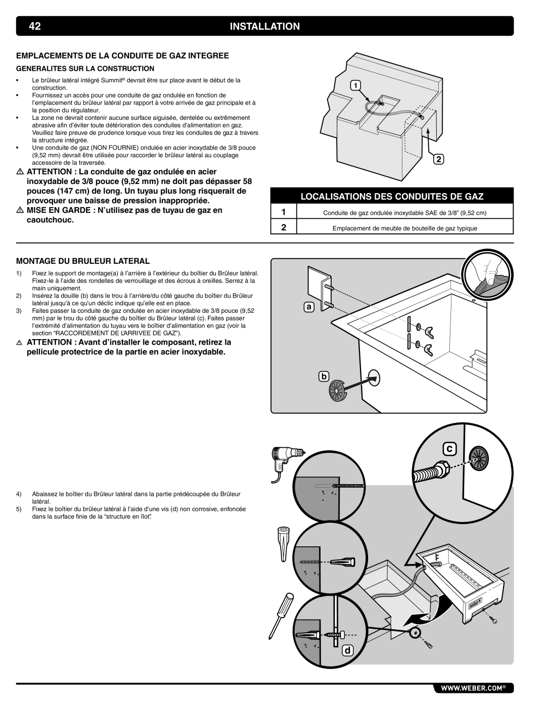 Weber 56069 manual Installation, Localisations Des Conduites De Gaz, Emplacements De La Conduite De Gaz Integree 