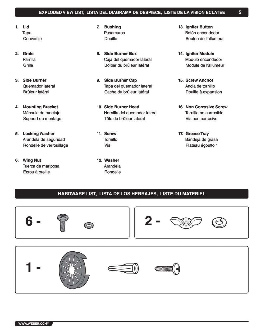 Weber 56069 manual Hardware List, Lista De Los Herrajes, Liste Du Materiel 