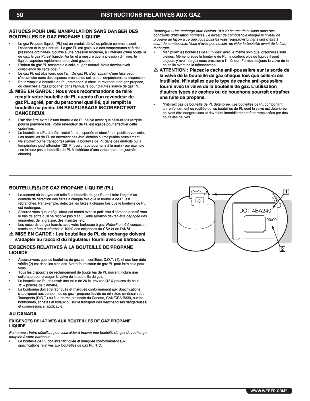 Weber 56069 manual Instructions Relatives Aux Gaz, DOT 4BA240 