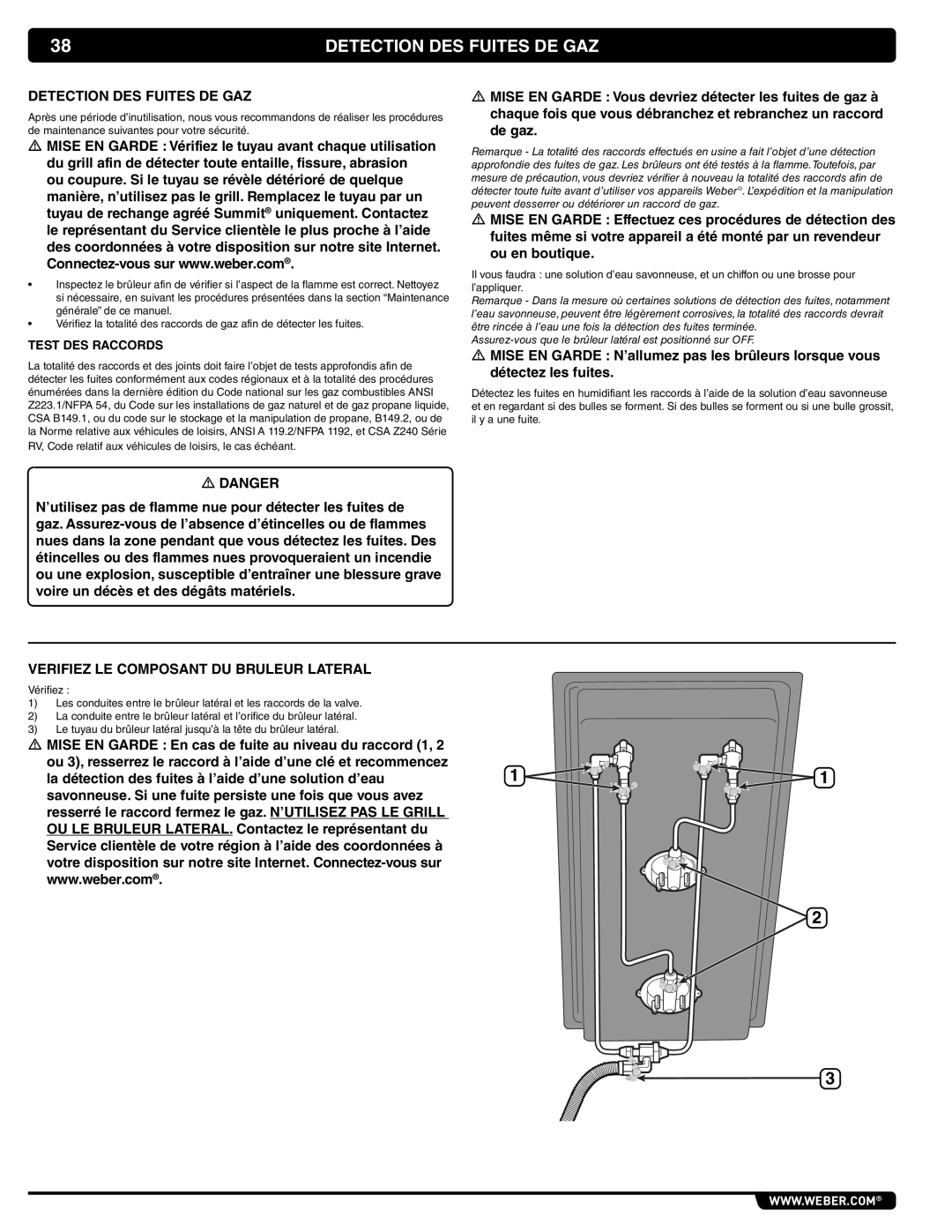 Weber 56070, 62434 manual Detection DES Fuites DE GAZ, Verifiez LE Composant DU Bruleur Lateral, Test DES Raccords 