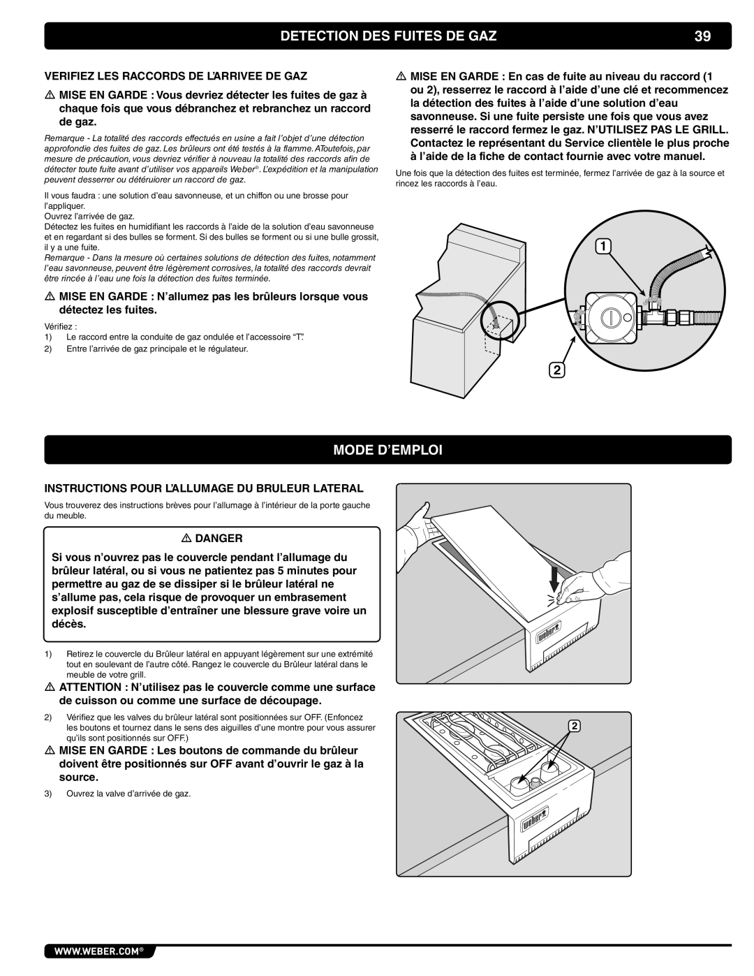 Weber 62434, 56070 manual Detection DES Fuites DE GAZ, Mode D’EMPLOI, Verifiez LES Raccords DE L’ARRIVEE DE GAZ 