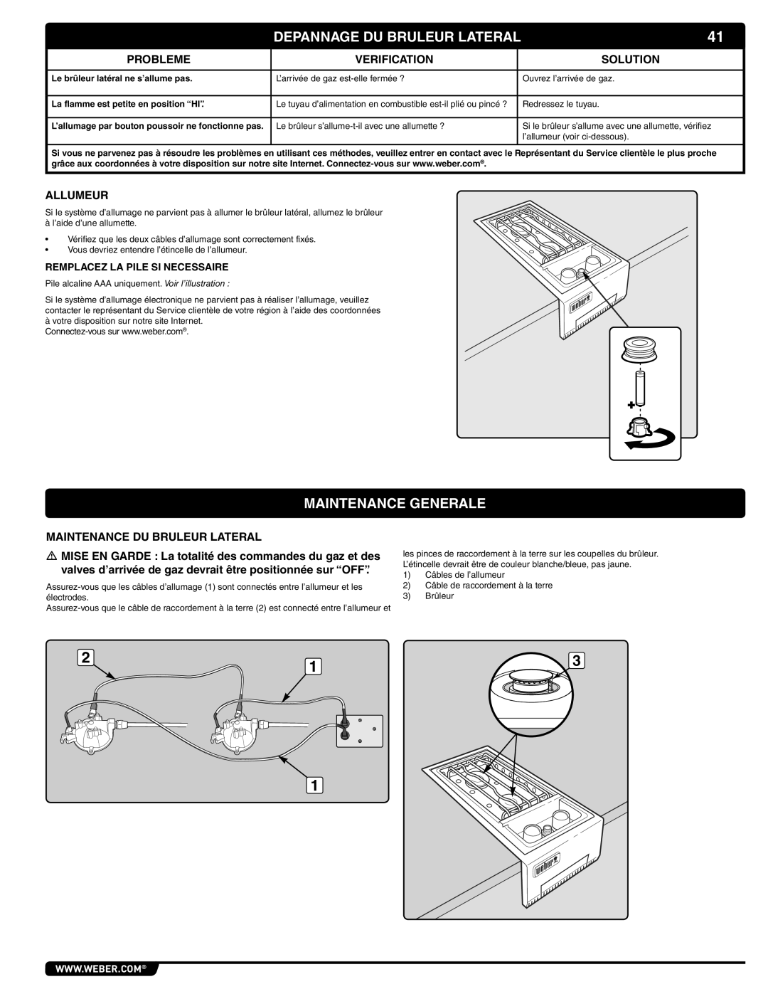 Weber 62434, 56070 manual Maintenance Generale, Depannage DU Bruleur Lateral, Probleme Verification Solution, Allumeur 