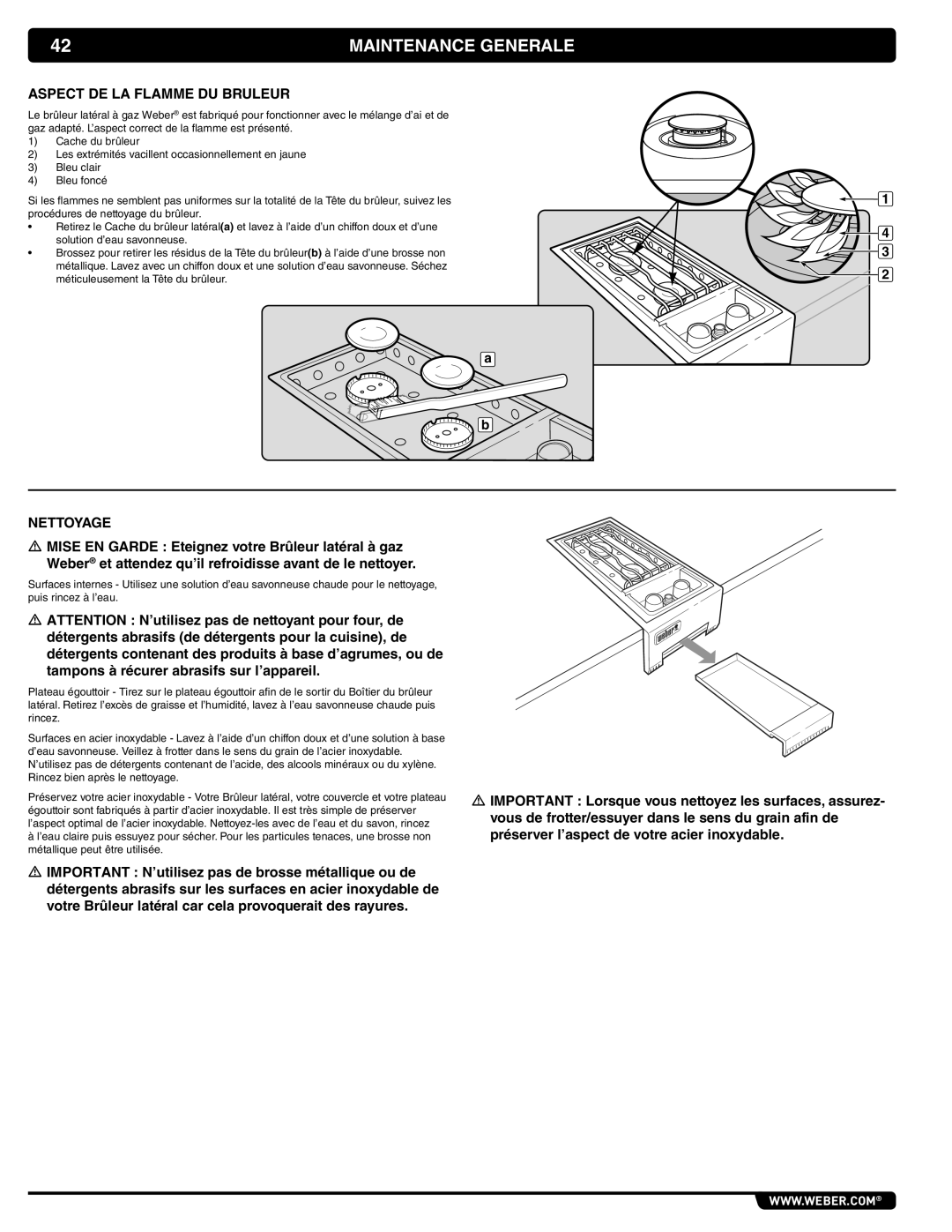 Weber 56070, 62434 manual Maintenance Generale, Aspect DE LA Flamme DU Bruleur, Nettoyage 