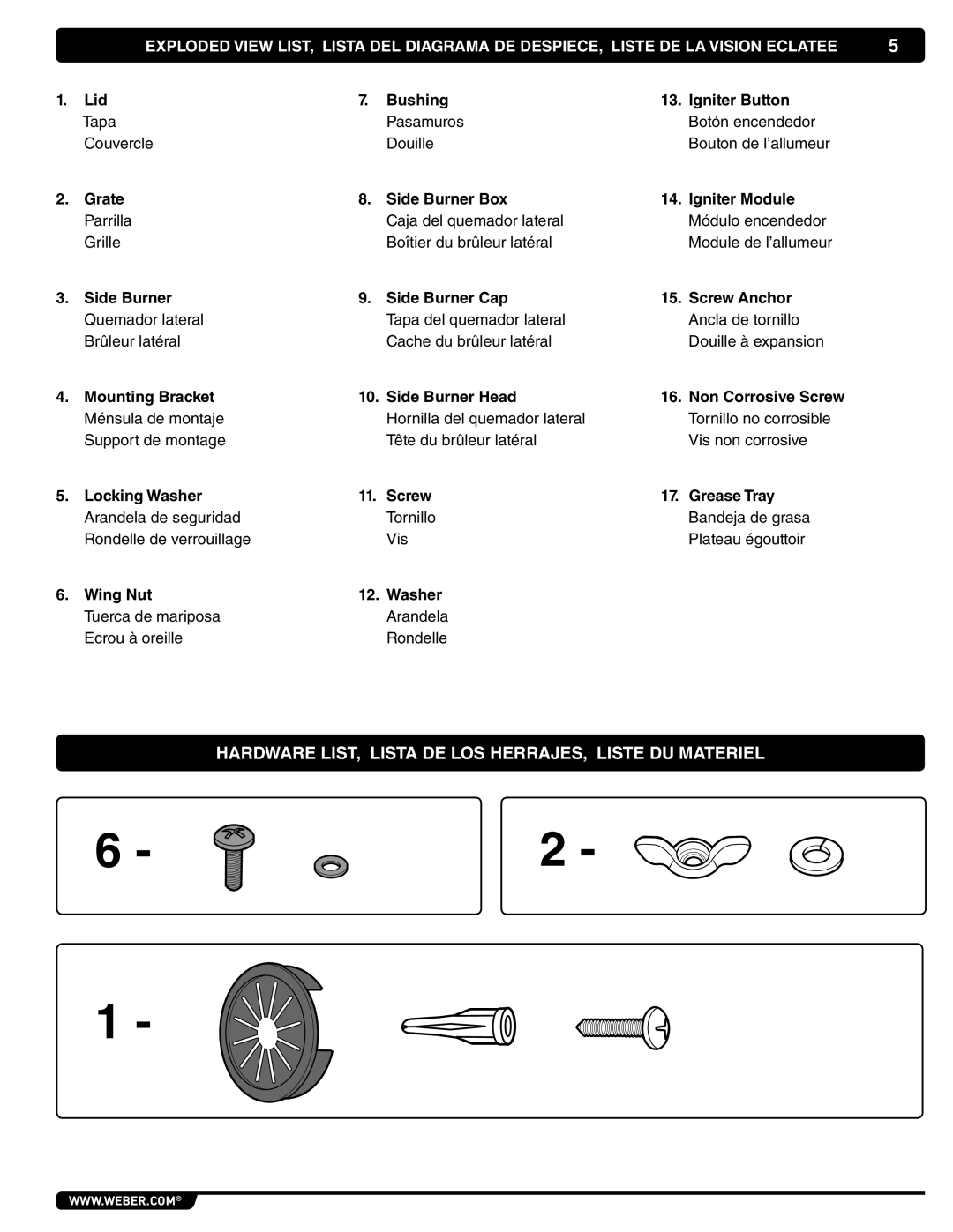 Weber 62434, 56070 manual Hardware LIST, Lista DE LOS HERRAJES, Liste DU Materiel 