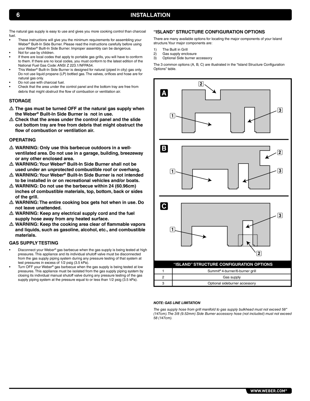 Weber 56070, 62434 manual Installation, Island Structure Configuration Options, Storage, Operating GAS Supply Testing 