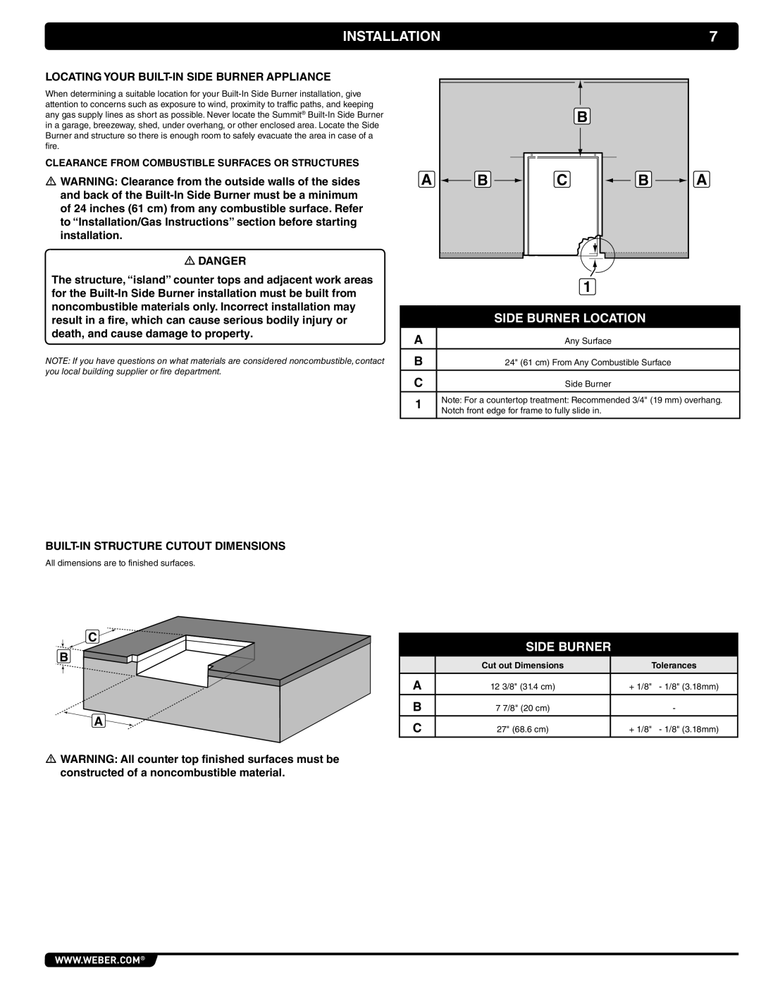 Weber 62434, 56070 manual Installation, Side Burner Location, Locating Your BUILT-IN Side Burner Appliance 