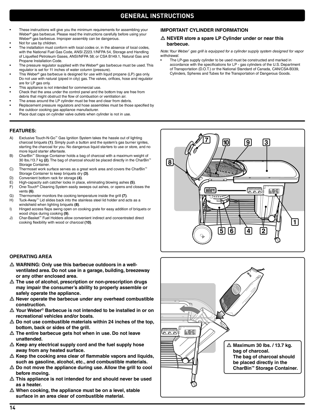 Weber 56201 manual General Instructions, Features 