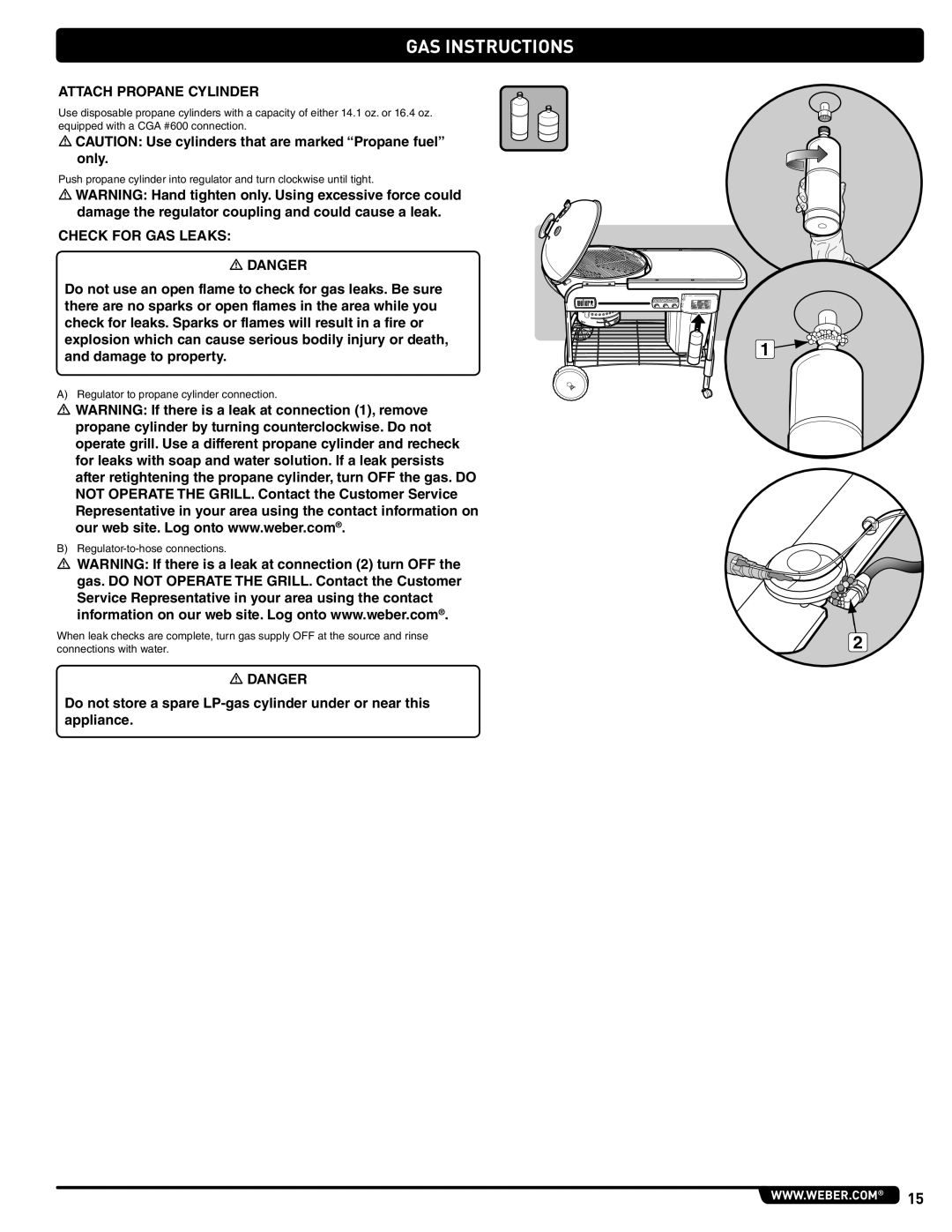 Weber 56201 manual GAS Instructions, Attach Propane Cylinder 