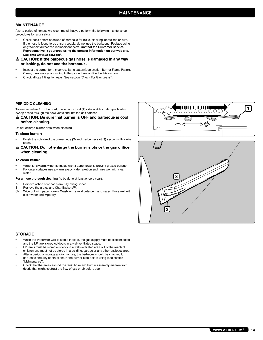 Weber 56201 manual Maintenance, Storage, Periodic Cleaning, To clean burner, To clean kettle 