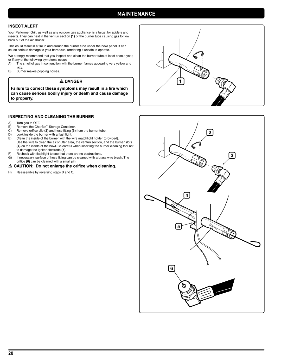 Weber 56201 manual Maintenance, Insect Alert, Inspecting and Cleaning the Burner 