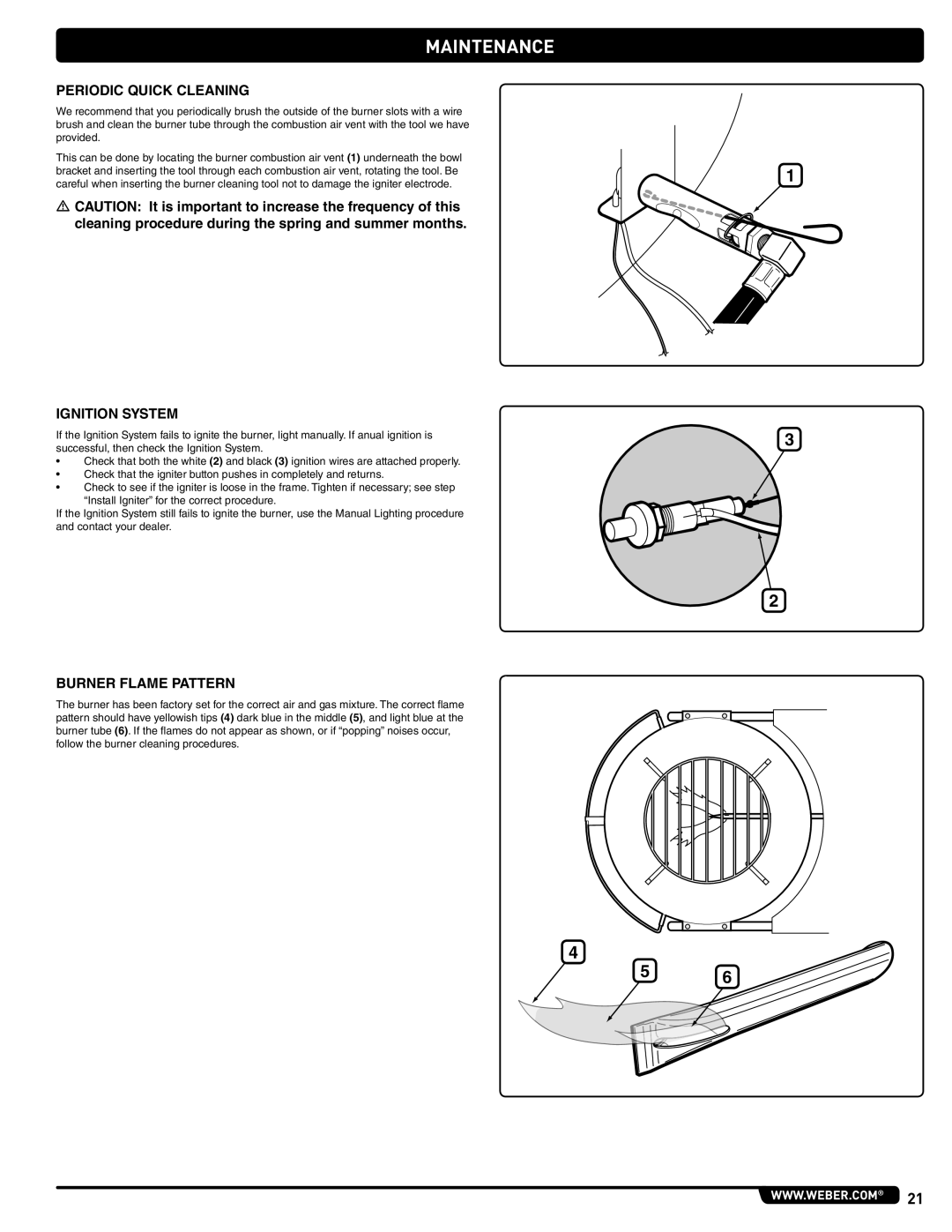 Weber 56201 manual Periodic Quick Cleaning, Ignition System, Burner Flame Pattern 