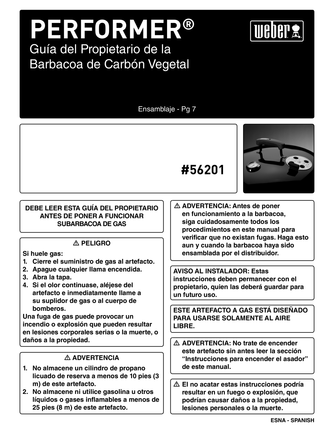 Weber 56201 manual Guía del Propietario de la Barbacoa de Carbón Vegetal 