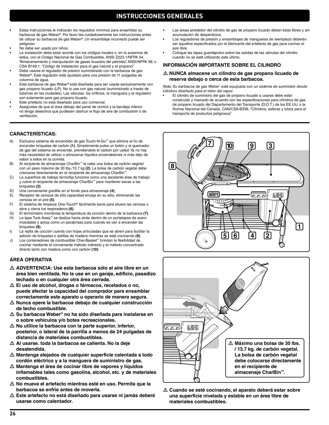 Weber 56201 manual Instrucciones Generales, Características 