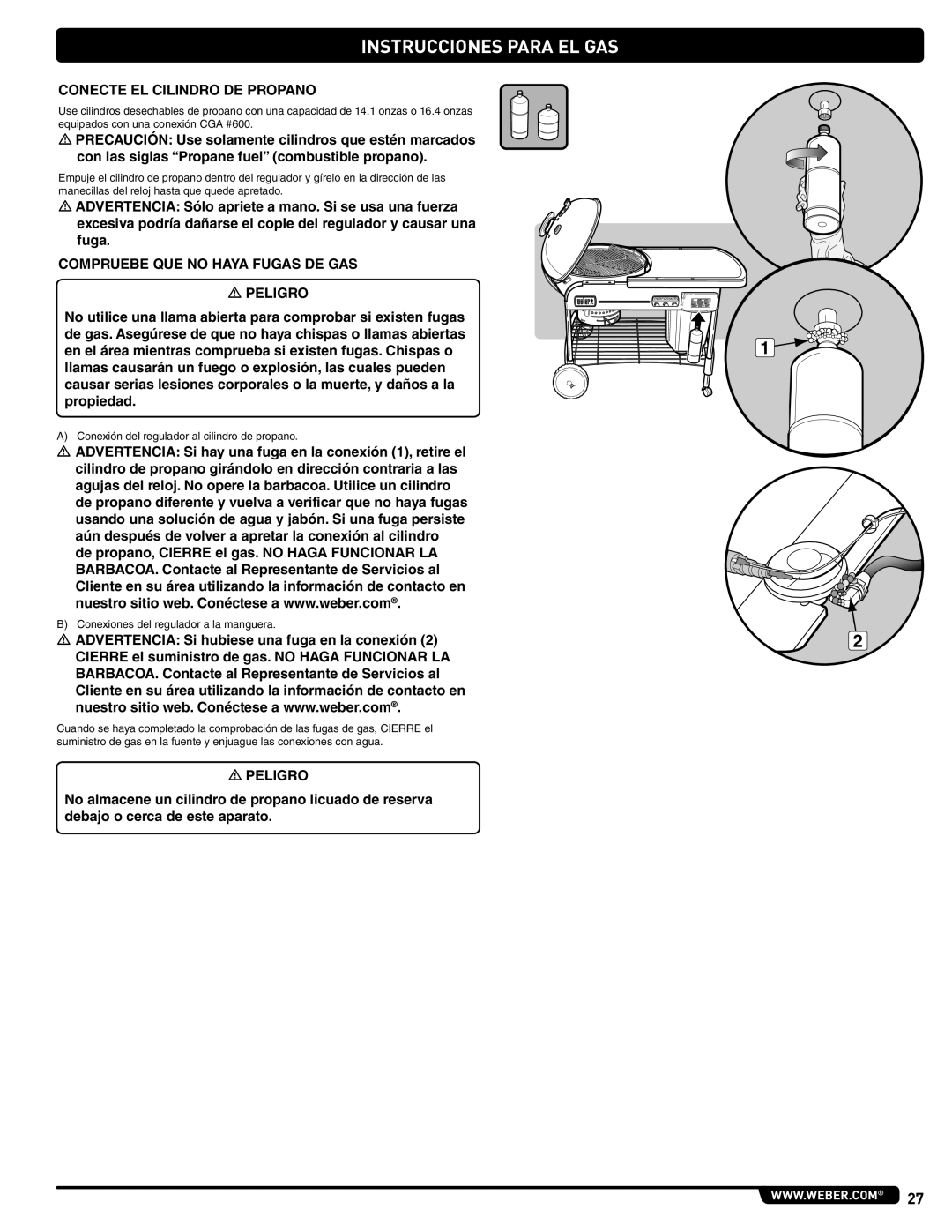 Weber 56201 manual Instrucciones para el gas, Conecte el cilindro de propano 