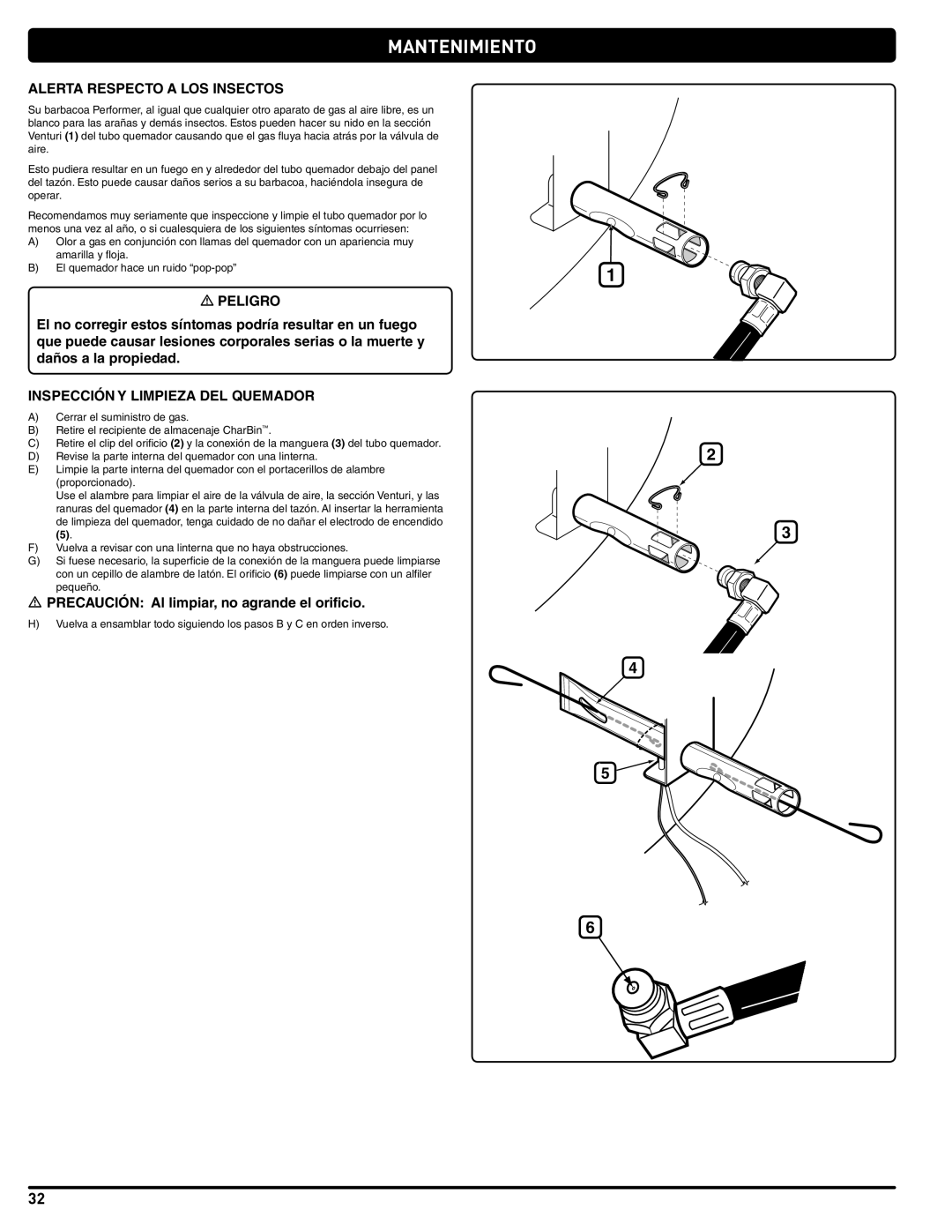 Weber 56201 manual Mantenimiento, Alerta respecto a los insectos, Inspección Y Limpieza DEL Quemador 