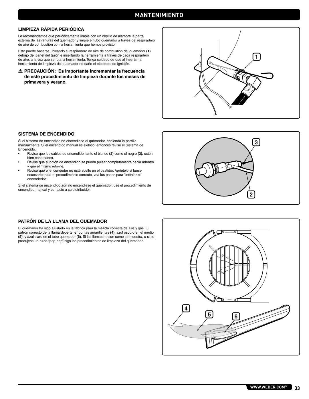 Weber 56201 manual Limpieza Rápida Periódica, Patrón de la llama del quemador 