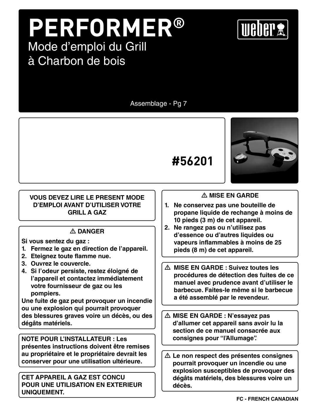 Weber 56201 manual Mode d’emploi du Grill à Charbon de bois 