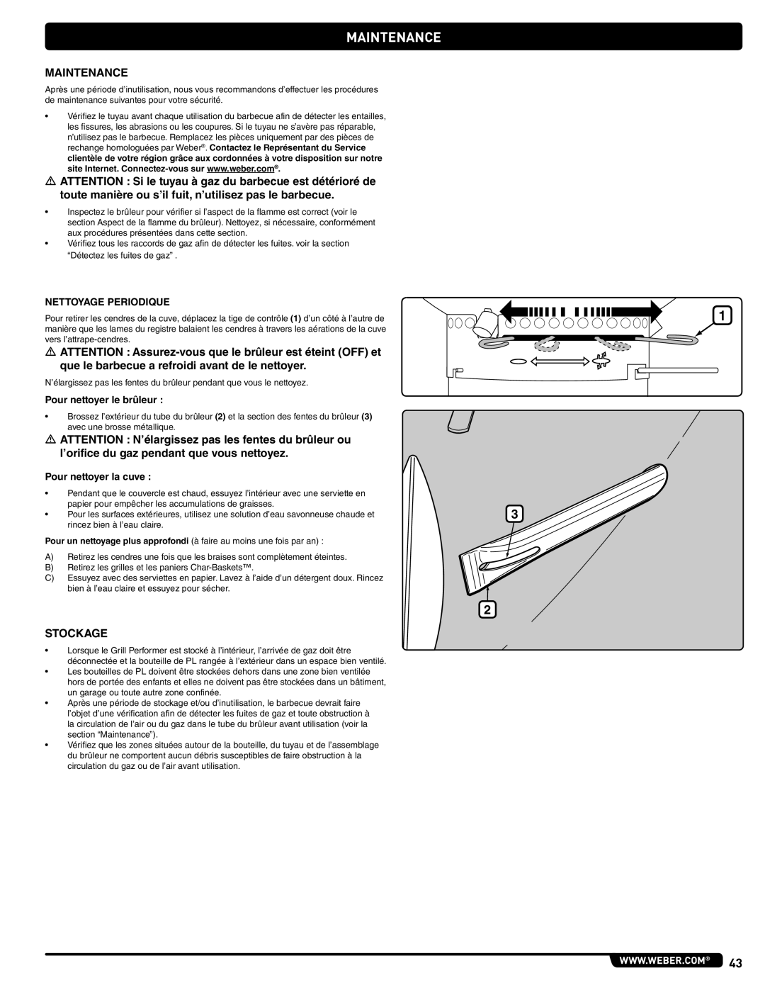 Weber 56201 manual StoCKAGE, Pour nettoyer le brûleur, Pour nettoyer la cuve 