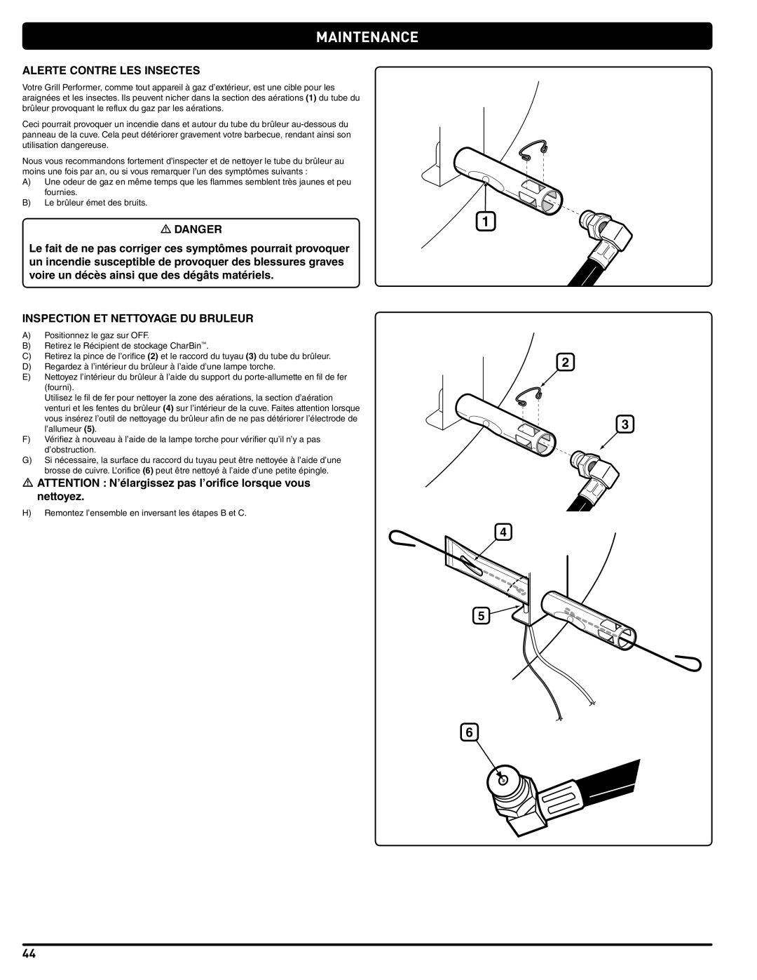 Weber 56201 manual AlertE Contre LES Insectes, Inspection ET Nettoyage DU Bruleur 