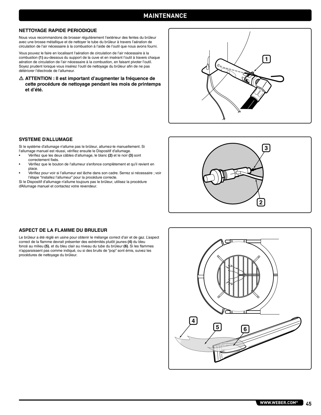 Weber 56201 manual Nettoyage Rapide Periodique, Systeme D’ALLUMAGE, Aspect DE LA Flamme DU Bruleur 