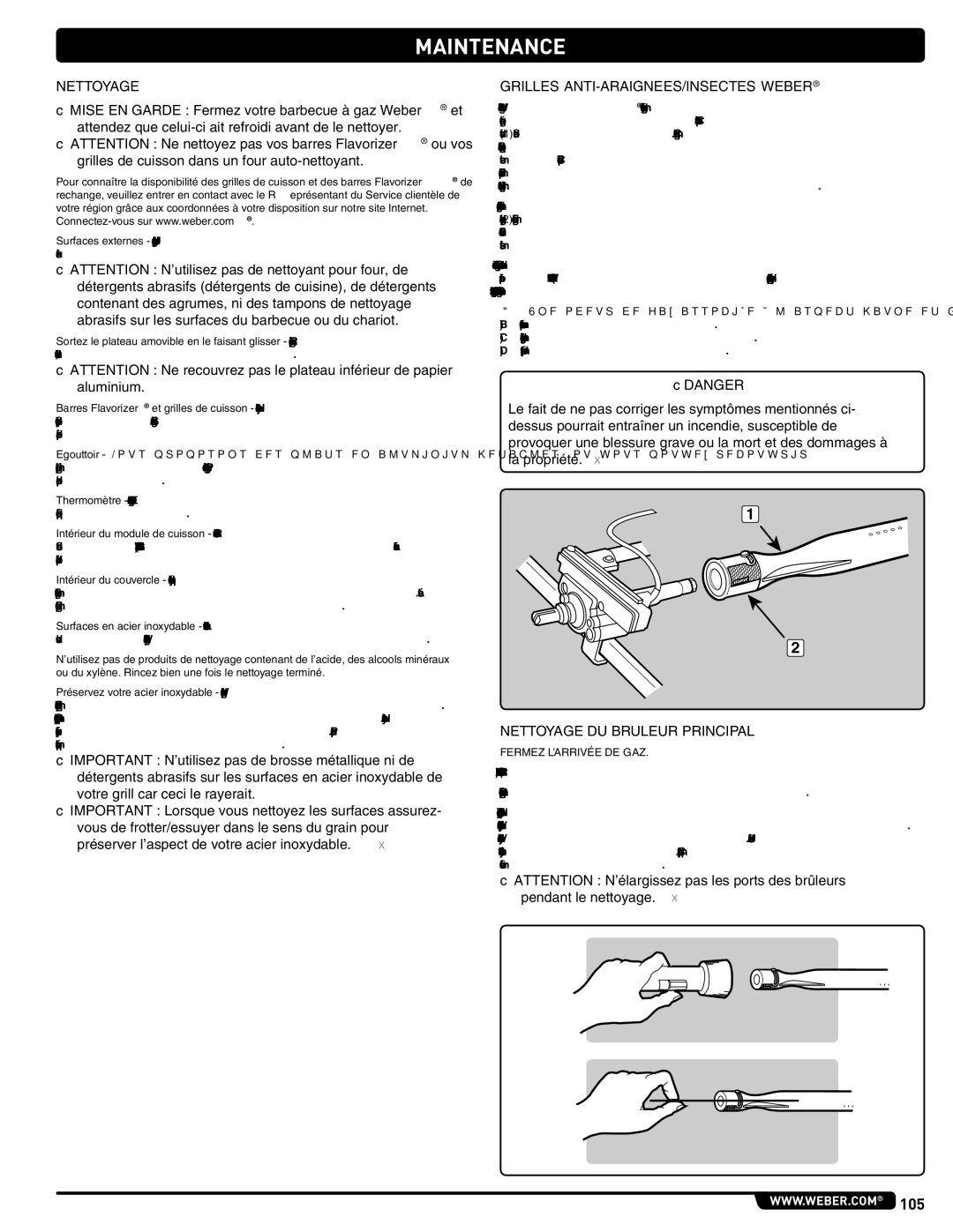 Weber 56204 manual Grilles ANTI-ARAIGNEES/INSECTES Weber, Nettoyage DU Bruleur Principal, Fermez L’ARRIVÉE DE GAZ 