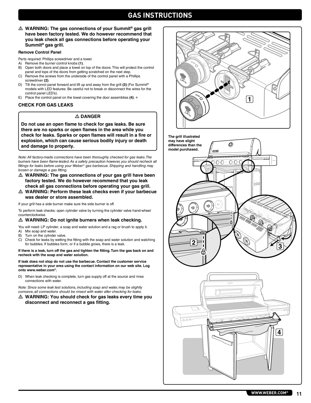 Weber 56204 manual Check for GAS Leaks, Remove Control Panel 