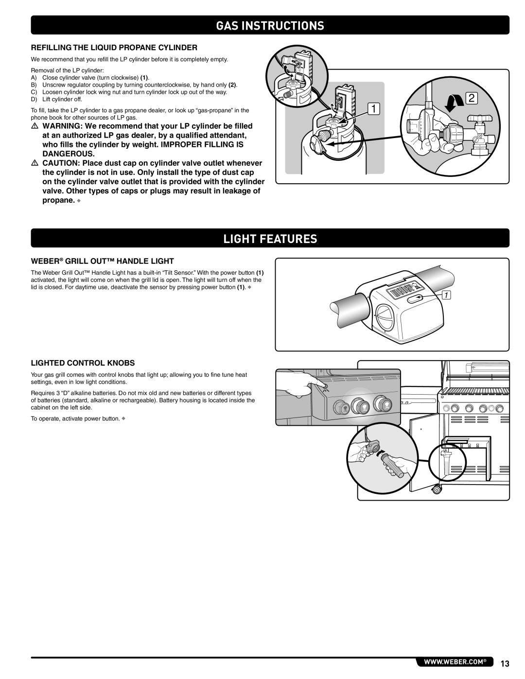 Weber 56204 Light Features, Refilling the Liquid Propane Cylinder, Weber Grill OUT Handle Light, Lighted Control Knobs 