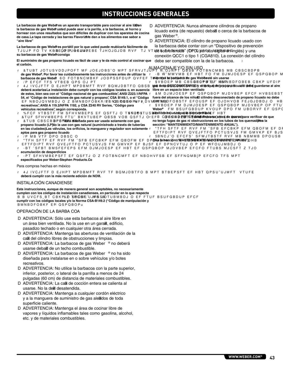 Weber 56204 manual Instrucciones Generales, Instalación Canadiense, Operación DE LA Barbacoa, Almacenaje Y/O SIN USO 