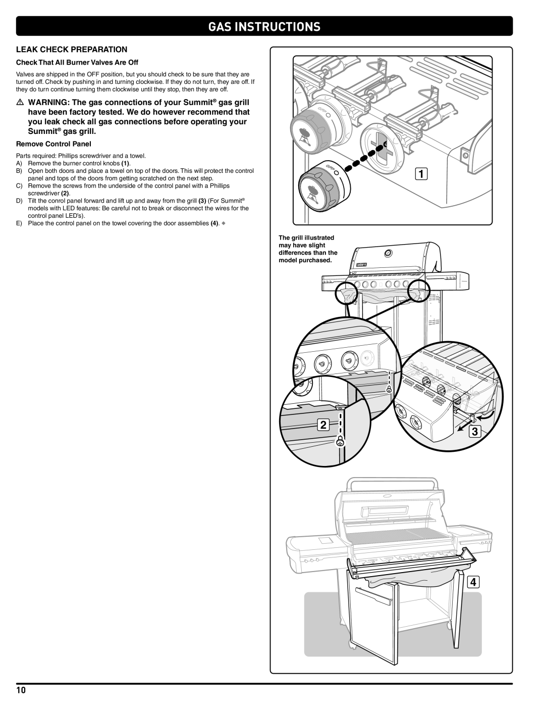 Weber 56206 manual Leak Check Preparation, Check That All Burner Valves Are Off, Remove Control Panel 