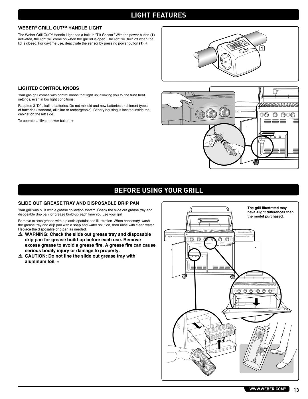 Weber 56206 manual Light Features, Before Using Your Grill, Weber Grill OUT Handle Light, Lighted Control Knobs 