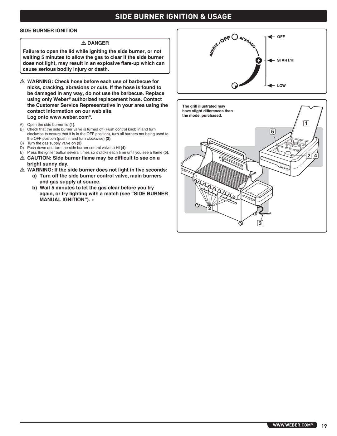 Weber 56206 manual Side Burner Ignition & Usage, Off Start/Hi Low 