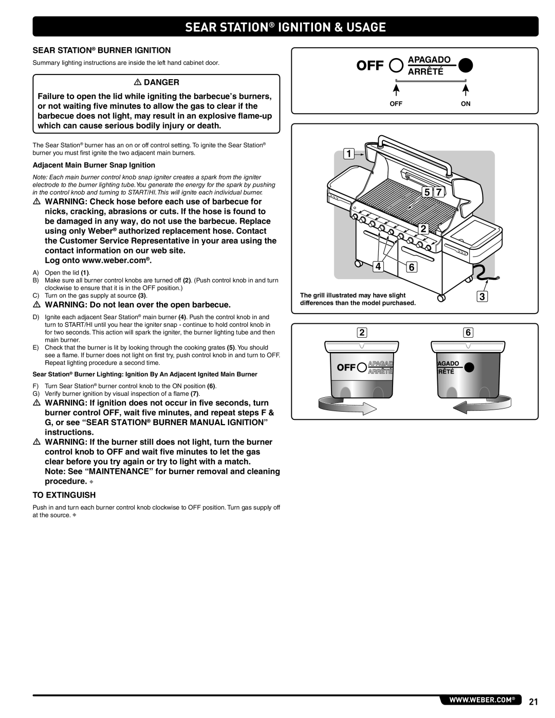 Weber 56206 manual Sear Station Ignition & Usage, Sear Station Burner Ignition, Adjacent Main Burner Snap Ignition, Offon 