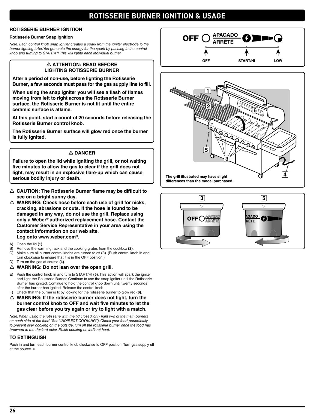 Weber 56206 manual Rotisserie Burner Ignition & Usage, Rotisserie Burner Snap Ignition 