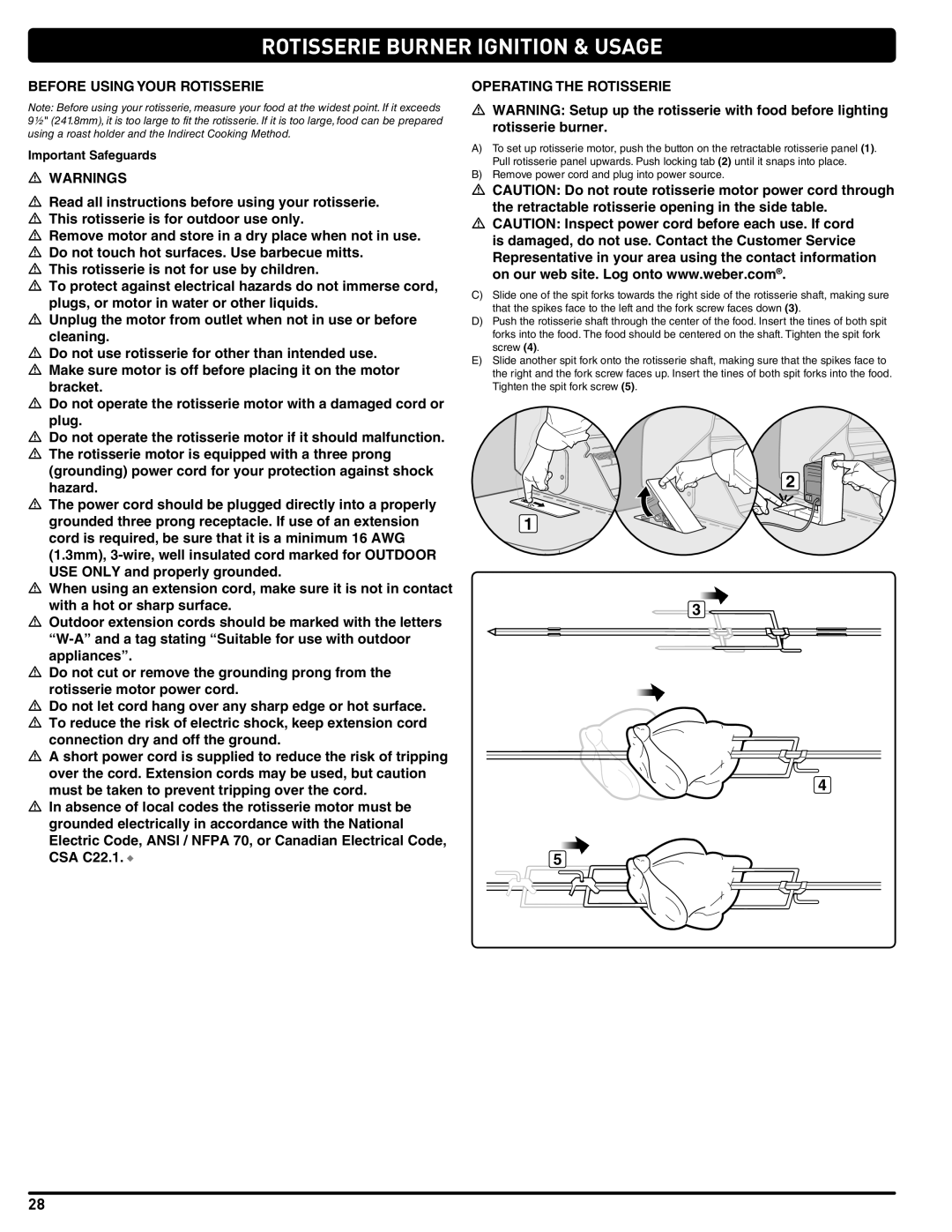 Weber 56206 manual Before Using Your Rotisserie, Operating the Rotisserie, Important Safeguards 