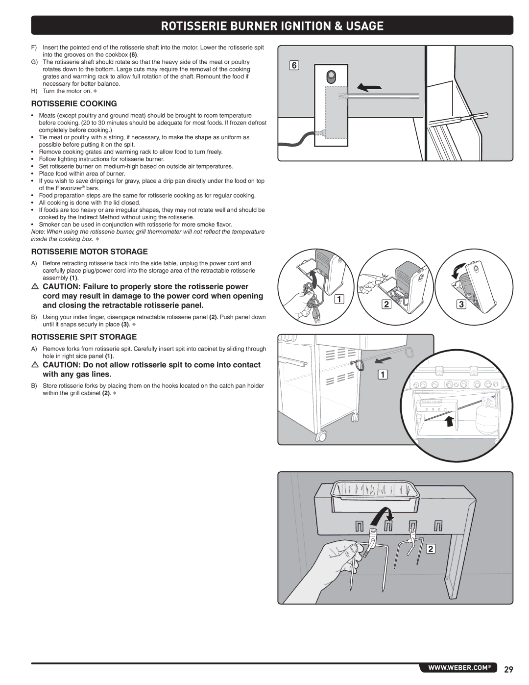 Weber 56206 manual Rotisserie Cooking, Rotisserie Motor Storage, Rotisserie Spit Storage, With any gas lines 