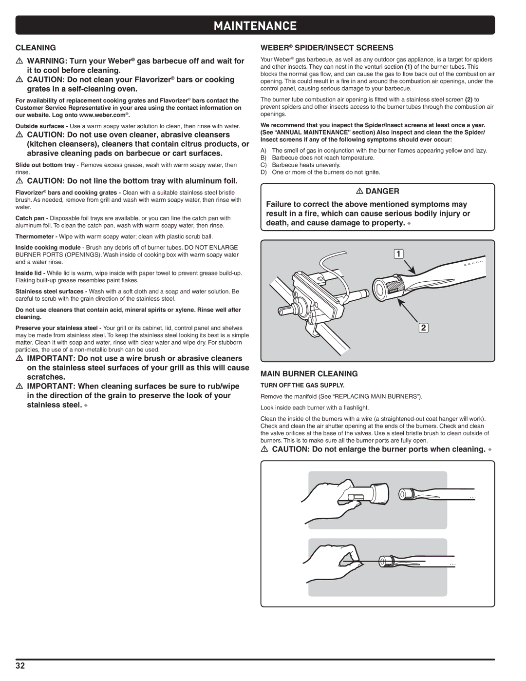 Weber 56206 manual Maintenance, Weber SPIDER/INSECT Screens, Main Burner Cleaning, Turn OFF the GAS Supply 