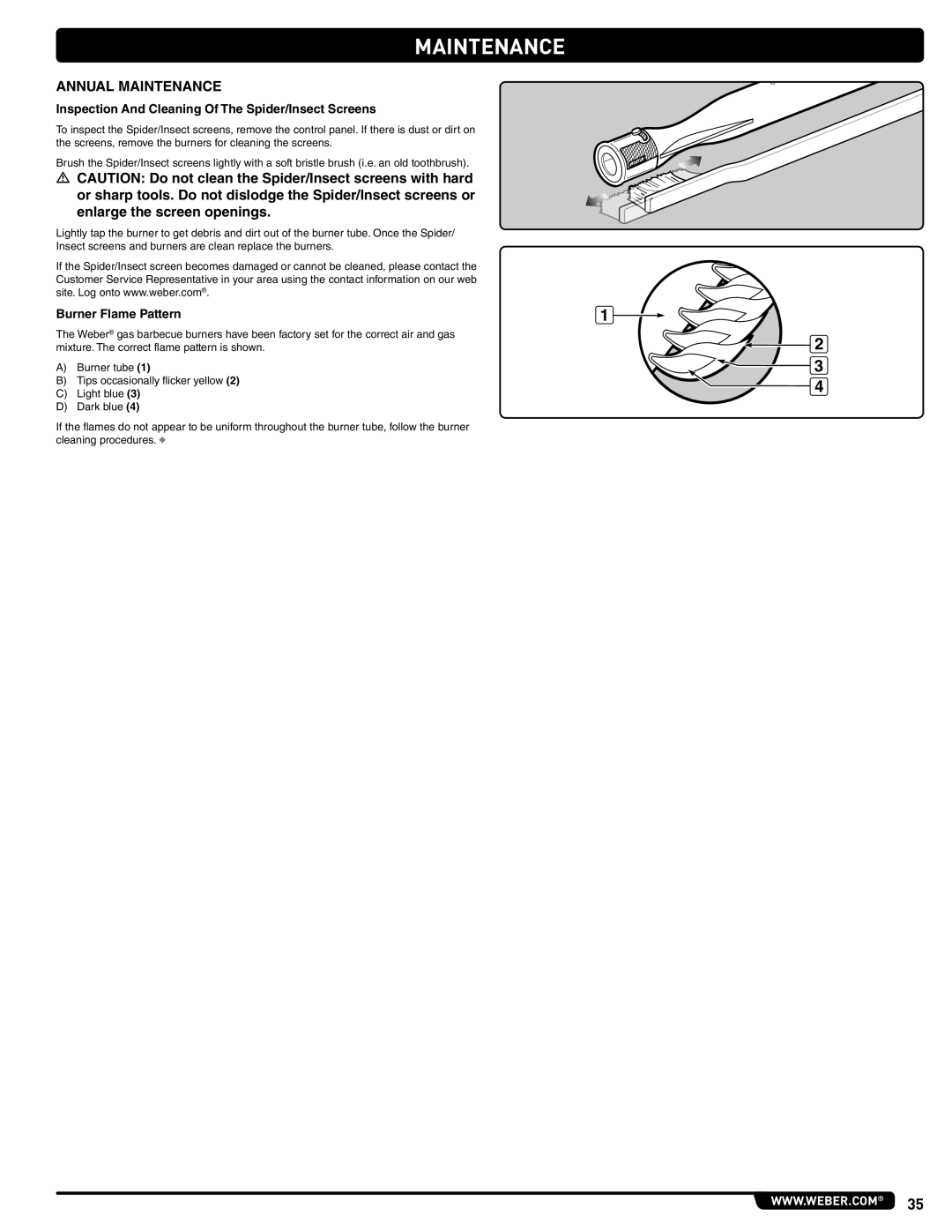 Weber 56206 manual Annual Maintenance, Inspection And Cleaning Of The Spider/Insect Screens, Burner Flame Pattern 